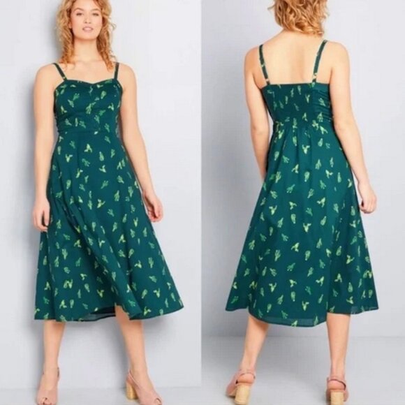 Modcloth Green Cactus Interest Print Strap Cotton Midi Summer Dress sz XL - Picture 11 of 11